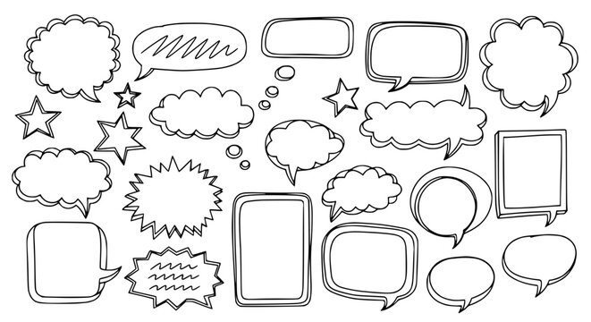 Hand-drawn speech bubbles and thought clouds collection, doodle style