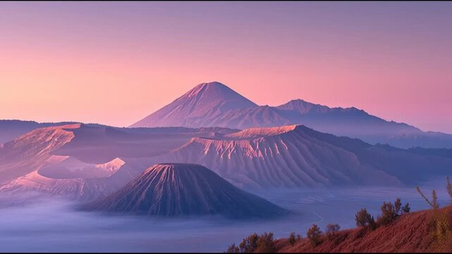 Sunrise over serene volcanic mountains landscape