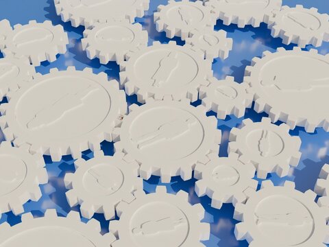 人々が描かれた歯車の仕組みが回転する社会のイメージ　3Dイラストレーション