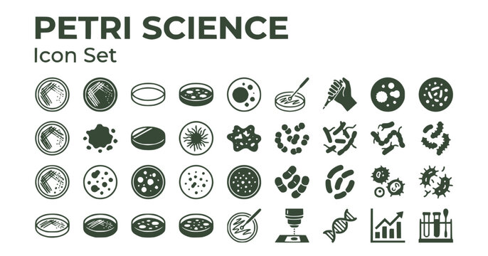 Petri Science Bacteria Colonies Macro Icon Set Agar Culture Microbiology Colony Growth Lab Culture Science Close Up Vector Illustration