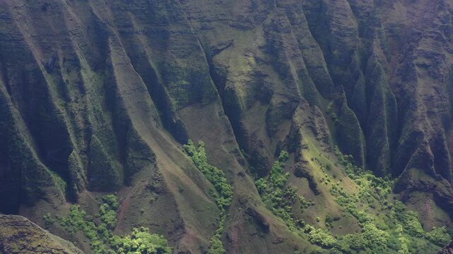 Majestic tropical cliffs landscape Kauai island Hawaii, aerial