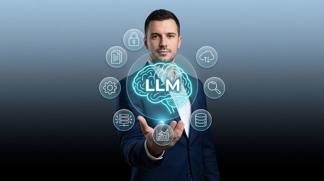 Businessman presenting holographic large language model AI technology for business intelligence and data analysis