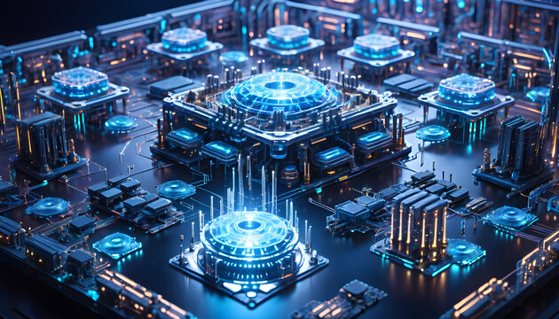 Futuristic Quantum Circuit Board with Glowing Blue Components