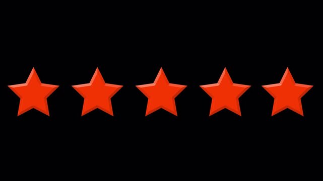 Animated five star rating on a back background. 5 stars rating the quality of product and service. 4k video 
