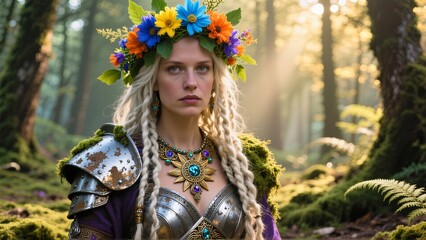 Obraz premium Fantasy Warrior with Floral Crown in Sunlit Forest