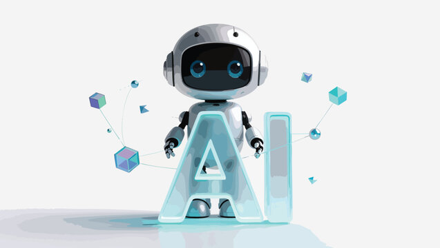 Cute cartoon robot with glowing ai letters and floating cubes on a white background.
