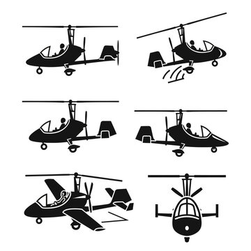 Autogyro Aircraft Silhouettes: Flight, Takeoff, and Landing Views