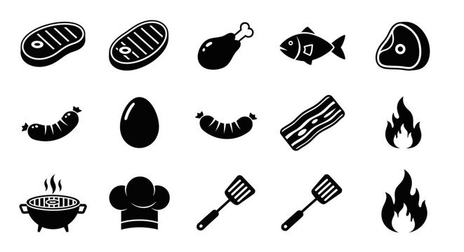 Barbecue Food Icons: Meat, Fish, Sausage, Egg, Grill, Chef Hat, Utensils, Fire