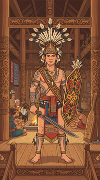 Vector illustration of Dayak male warrior holding mandau sword and shield, wearing feathered headdress and bead accessories inside longhouse, strong pose, clean flat design.