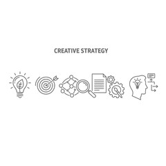 Obraz premium Creative Strategy Icons: Idea, Target, Analysis, Document, Gears, Human Head