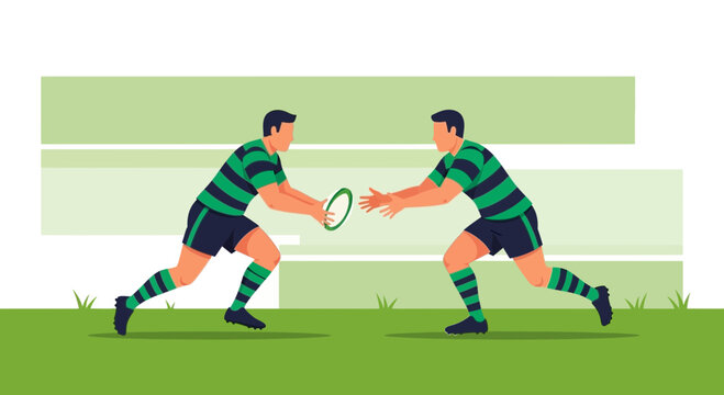 Rugby players passing ball on green field, action sport illustration
