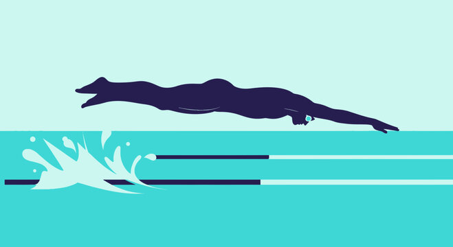 Silhouette of a swimmer performing a freestyle stroke in a pool, dynamic water splash