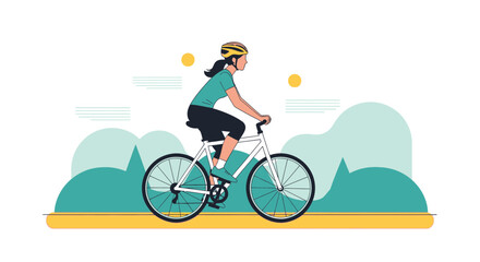 Fototapeta premium Woman cycling on a road with green hills and yellow sun, healthy lifestyle, outdoor activity