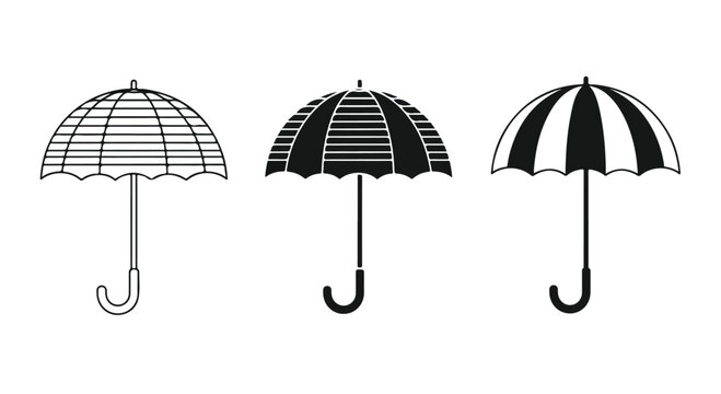 Set of three different black and white umbrellas with curved handles on a plain background for rain protection