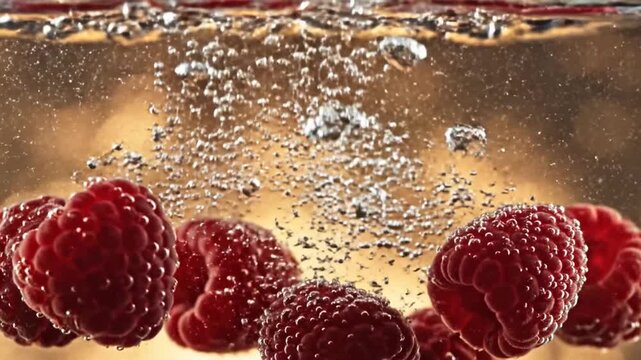 Raspberries floating in carbonated water with bubbles.
