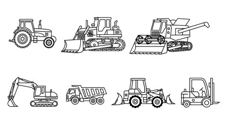 Set of Construction and Agricultural Vehicles Line Art Icons © puat