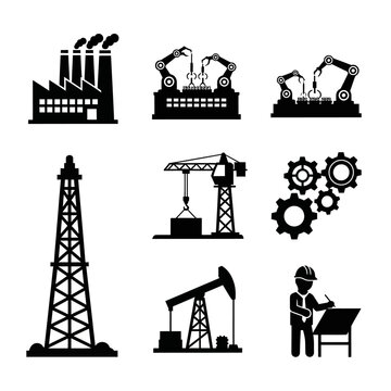 Industrial Icons: Factory, Robots, Crane, Oil Rig, Gears, Engineer