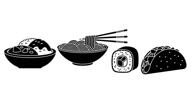 Japanese Sushi Roll, Ramen Noodles, Rice Bowl, and Taco Icon Set