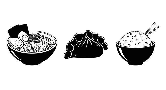 Japanese Ramen, Dumpling, and Rice Bowl Icons - Black and White Vector Set