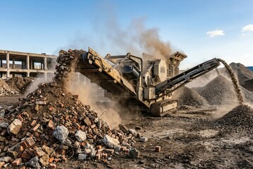 Fototapeta premium Heavy machinery crushing concrete and brick building rubble into gravel