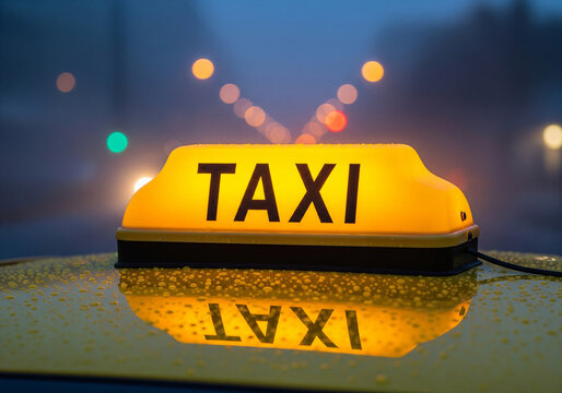 Glowing yellow taxi sign on car roof at night, illuminated cab rooftop light with rain drops, urban transportation service in city bokeh