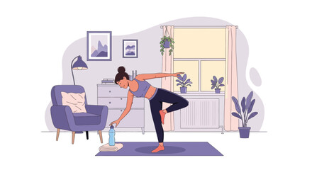 Fototapeta premium Woman practicing yoga at home, balancing on yoga mat in living room, healthy lifestyle