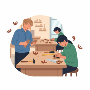 Carpentry Class: People working with wood and tools in a workshop