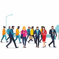 Obraz premium Diverse group of people walking on city street, using smartphones, busy urban life