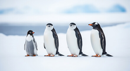 Obraz premium Four penguins standing in a line on a snowy Antarctic landscape, one chick smaller than the adults, cool blue and white tones, natural wildlife scene