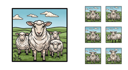 Obraz premium Flock of pixel art sheep in a grassy field under a cloudy blue sky, stylized illustration, simple retro videogame aesthetic, farm animals