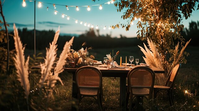 Romantic outdoor candlelit dinner setup under string lights at sunset with rustic wooden table
