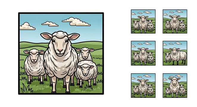 Flock of pixel art sheep in a grassy field under a cloudy blue sky, stylized illustration, simple retro videogame aesthetic, farm animals