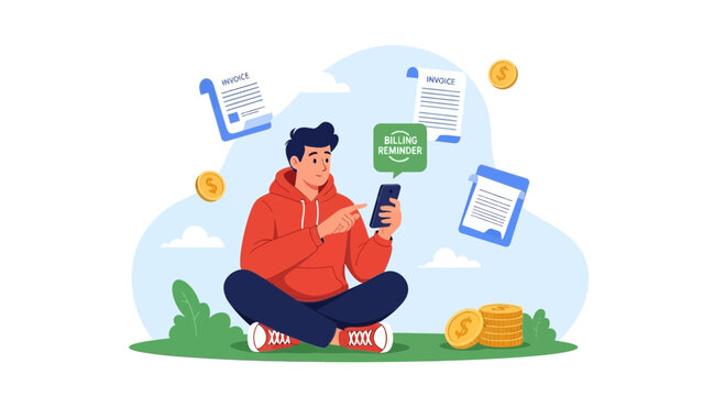 Man using smartphone for online billing and finance management with invoices and coins