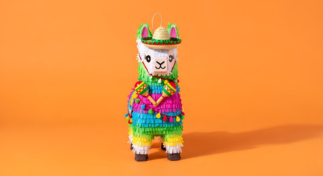 Isolated colorful pi?ata llama wearing a sombrero and traditional festive clothing, set against a vibrant orange background, party decoration, celebration element