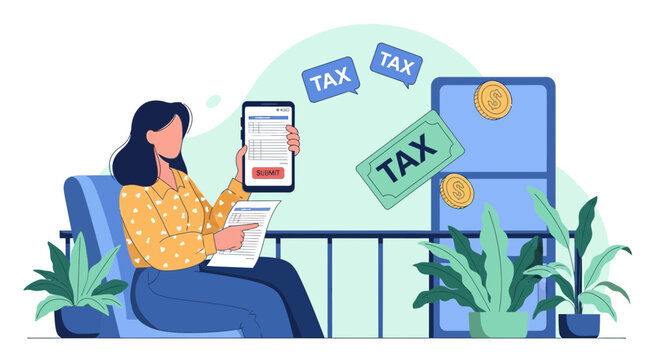 Woman doing taxes online on phone and paper, coins and tax forms