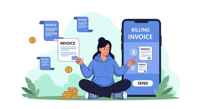 Woman managing digital invoices on smartphone, online billing and payment concept