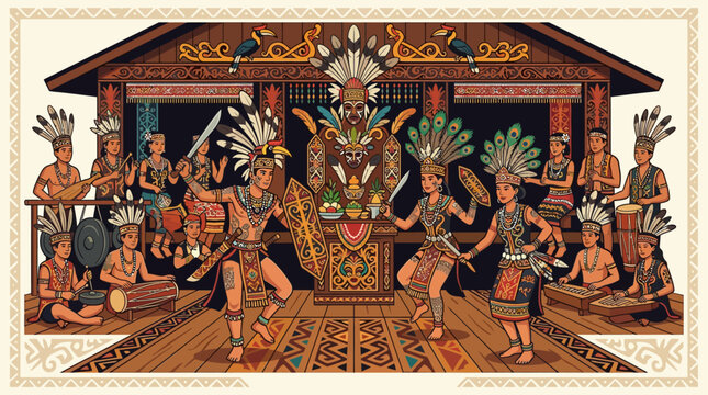 Vector illustration of Dayak tribal ceremony inside traditional longhouse, featuring dancers, musicians, and ritual elements with rich ethnic ornaments, symmetrical composition, detailed cultuitled