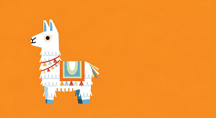 Fototapeta premium Pixel art llama with colorful saddle and festive adornments, standing against a solid orange background, digital illustration