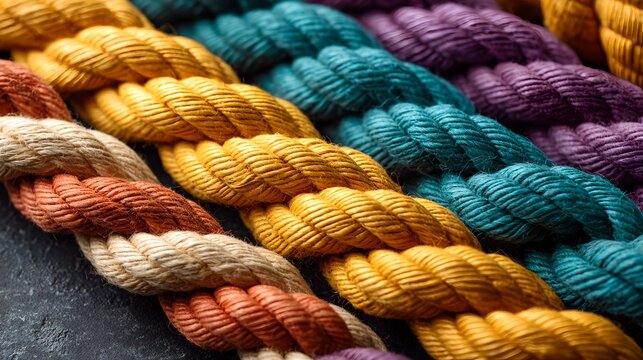 Colorful braided ropes arranged in a row, demonstrating the texture and vibrant colors