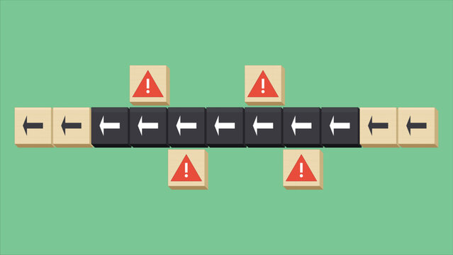 Minimalist wooden blocks with arrow icons and red warning signs, business risk management concept, strategic navigation and obstacle avoidance vector