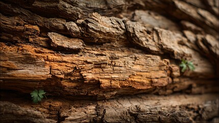 Naklejka premium Detailed close-up of textured bark with small sprouts 
