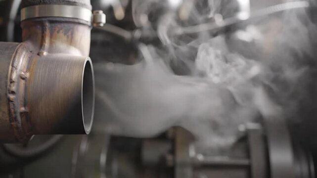 Close-up of steam rising from industrial machinery, highlighting mechanical processes and energy generation
