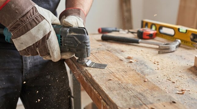 Craftsman with arthritis using oscillating multitool on reclaimed barnwood