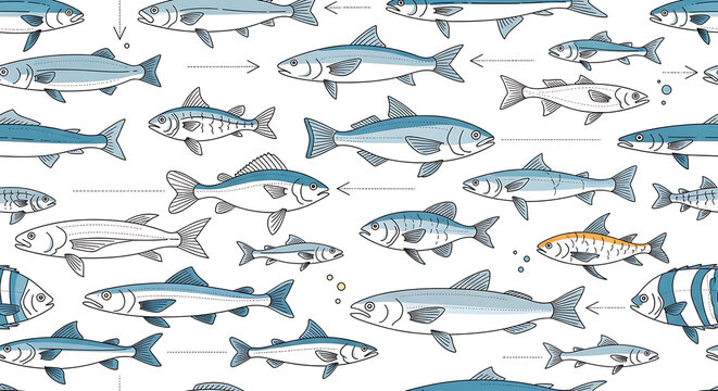 Pixelated fish pattern, marine life illustration with a retro digital aesthetic, aquatic animal design, ocean theme
