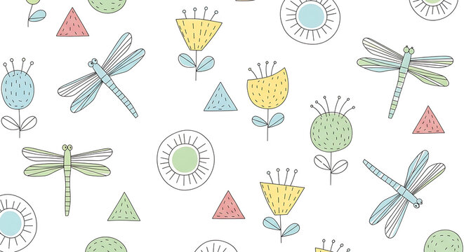 Playful seamless pattern with stylized dragonflies, abstract flowers, and geometric shapes in soft pastel colors on a white background