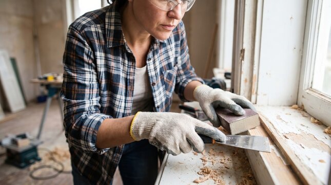 Tenacious woman safely removing toxic lead paint from historic windowsill