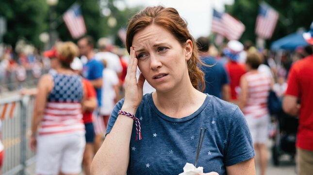 Individual experiencing agoraphobia panic attack amidst crowded chaotic public street festival