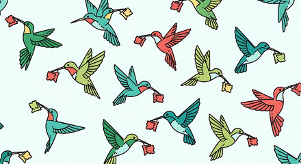 Obraz premium Seamless pattern of pixelated hummingbirds carrying small flowers, playful illustration, vibrant colors, whimsical airborne design for textiles or wallpaper