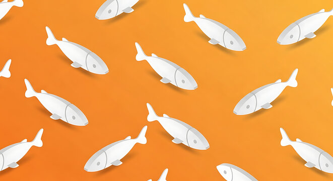 Seamless pattern of isometric pixel art fish on a vibrant orange gradient background, repeating motif, aquatic life theme