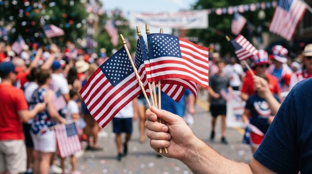 Small business merchandise vendor distributing national flags at busy community street fair